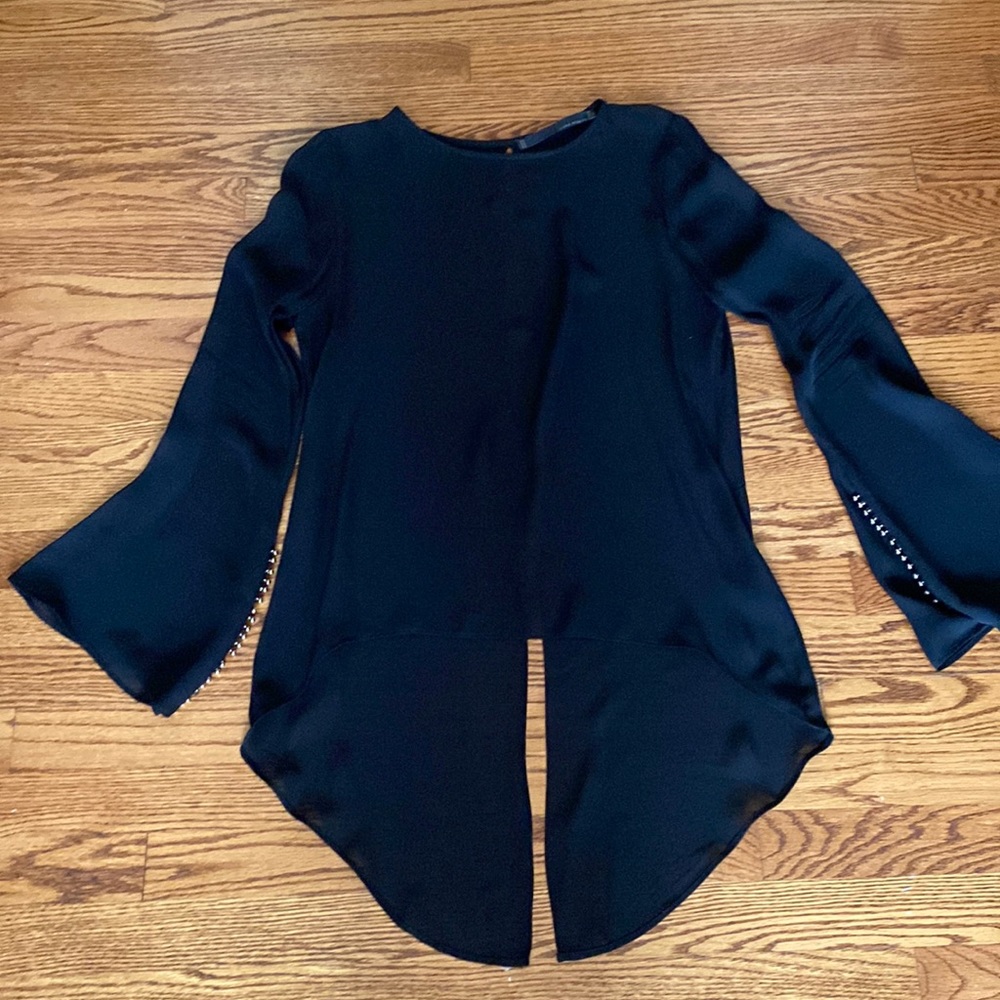 Zara black sheer top with gold bead detail at sleeve.